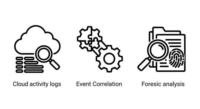 Cloud security and forensic digital analysis icon set with security forensic analysis correlation cybersecurity investigation protection evidence fingerprint magnifying information database