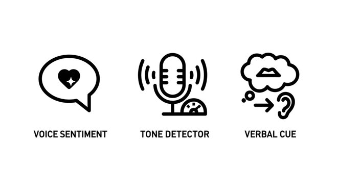 Voice sentiment tone detection and verbal cue icon set with sentiment detection microphone communication analysis processing technology linguistic computer language acoustic recording