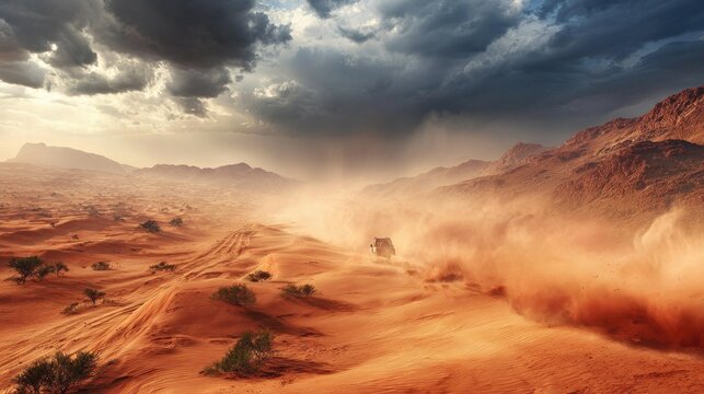 Off road vehicle traverses vast arid landscape amidst dust storm under dramatic sky