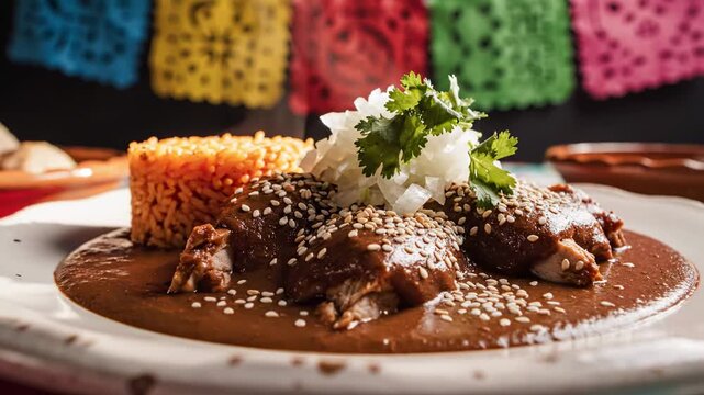 Traditional mexican mole negro sauce over chicken with sesame seeds, chopped onion and cilantro garnish, spanish rice on white plate against blurred papel picado background. authentic mexican cuisine