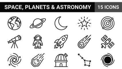 Space, Planets, and Astronomy Icons: Earth, Saturn, Moon, Star, Orbit, Telescope, Astronaut, Rocket, Comet, Satellite, Galaxy, Observatory, Constel... © @ahmedmaynul