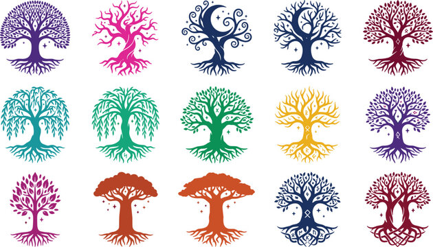 Abstract Tree of Life Icon Set with Roots Mystical Moon and Spiritual Celtic Symbols for Wellness Eco Branding and Ancestry Logo Designs