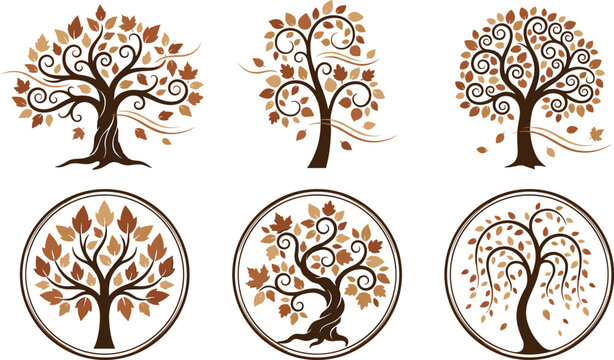 Vintage Brown Tree Life Icon Set with Swirl Branches and Ornamental Circular Frames for Eco Branding Ancestry and Wellness Logo Designs