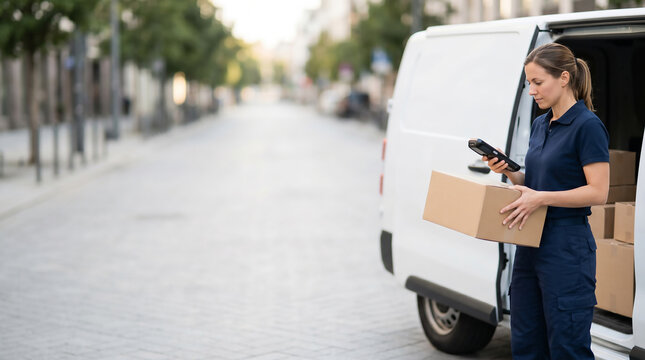 Celebrating National Postal Worker Day with a dedicated female postal worker scanning a package near her van, highlighting the hard work of mail carriers