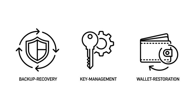 Cryptocurrency wallet security and key management icons with security cryptocurrency management recovery protection blockchain restoration password internet technology business transaction