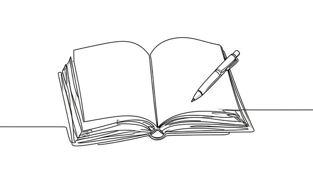 Open book with dotted pages and a pen, drawn in a continuous line style, symbolizing learning or writing