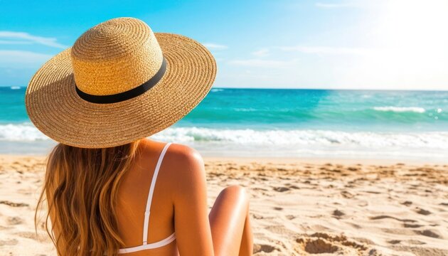 Stylish Woman Sitting on Beach Facing the Ocean