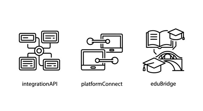 Educational technology icons representing integration api platform connectivity and edu bridge with e learning integration platform edubridge education technology learning graduation software