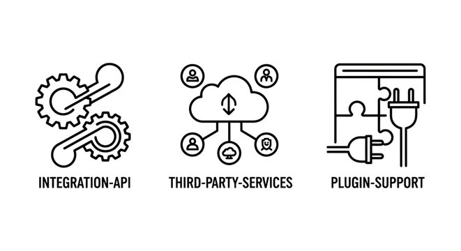 Business technology icons including api integration third-party services and plugin support with integration services computing connection electric software business technology communication