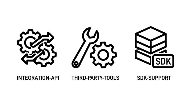 Technical icons for api integration third-party tools and software development kit support with integration software development database programming technology interface connection platform