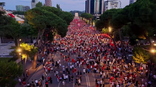 drone view of Huge Protest Crowd Seen From Above in Tirana, , 20 June 2026