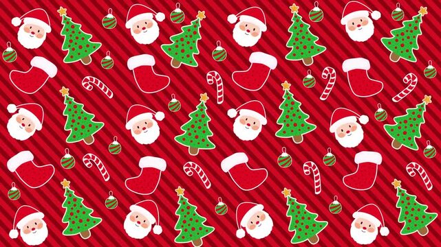 Christmas doodle pattern santa tree candy on a red theme. Illustrated animation. Funny cute cartoon animation