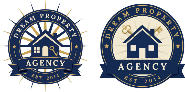 Two circular with house, key, and compass rose for a property agency badge