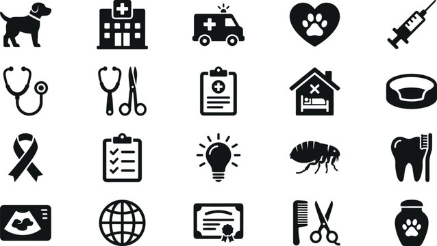 Veterinary medicine icon set with pet clinic hospital ambulance stethoscope syringe flea and grooming tools vector