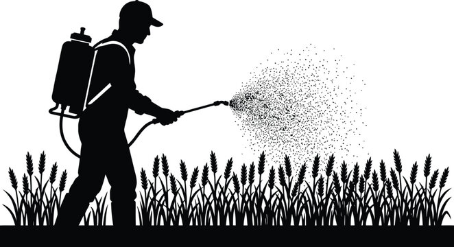 Black and white silhouette vector illustration of a hardworking agricultural worker using a backpack sprayer to apply liquid pesticide on growing wheat field crops.
