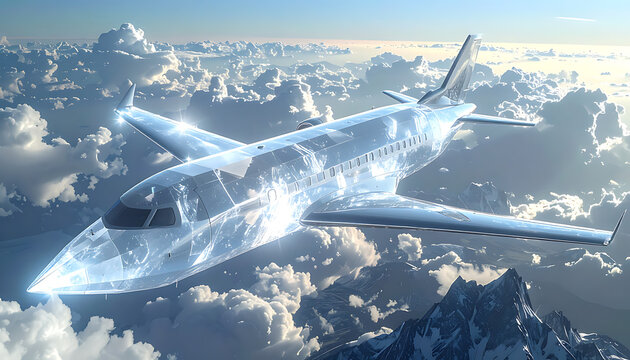 Modern private jet flying through clouds above snowy mountains, digital representation with glowing particles