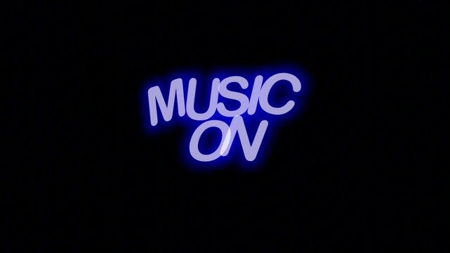 Vivid Blue Neon CTA 'MUSIC ON' Seamless Loop with Clear Background, Perfect for Concerts, DJs, and Nightlife Promos