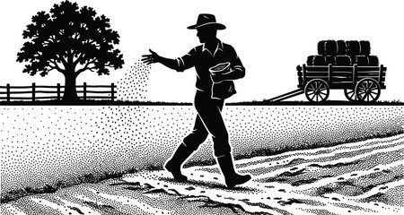 Detailed black and white vector silhouette illustration of a hardworking traditional farmer manually scattering seeds across a plowed agricultural field near a wooden hay wagon. © Adib