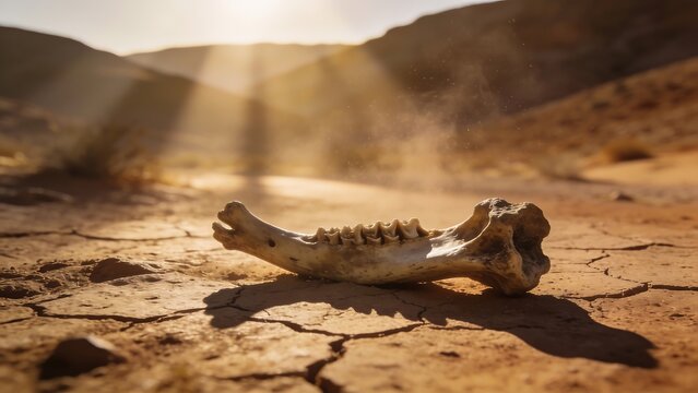 A weathered donkey jawbone lies on the sun-dried, dry ground in the desolate wilderness, on the desert floor.