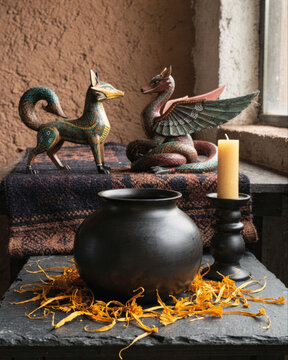 Mexican alebrije folk art dragon and fox with black clay pot and beeswax candle