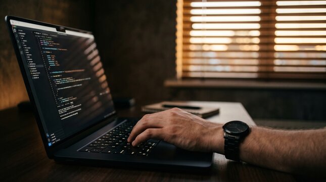 Software engineer typing code on dark laptop in moody modern office environment