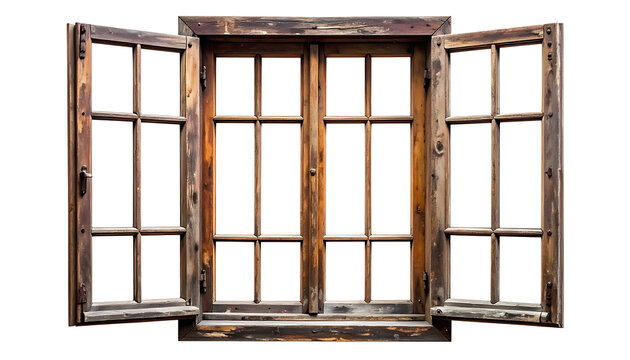 Old rustic wooden window frame, open casement, weathered texture, weathered wood, aged, distressed, isolated on white