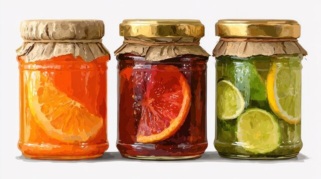 Three glass jars filled with colorful preserved citrus fruits line up against a white background