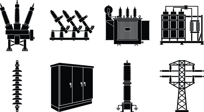 Electrical substation equipment silhouette icon set featuring high voltage power grid infrastructure components isolated on white background