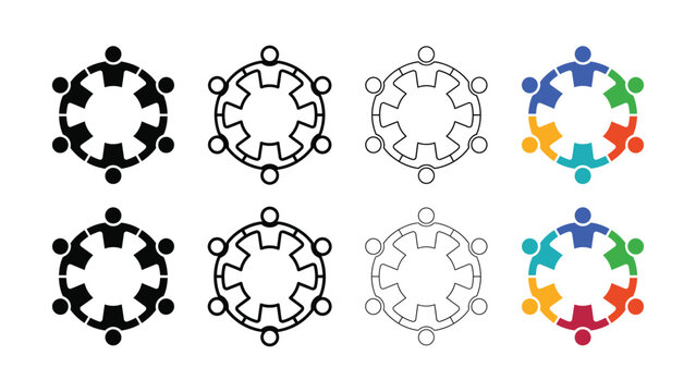 Set of abstract teamwork icons representing people holding hands in a circular formation