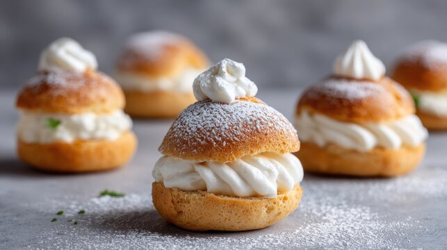 Several freshly baked sweet buns filled with whipped cream sit ready for consumption on a muted surface.