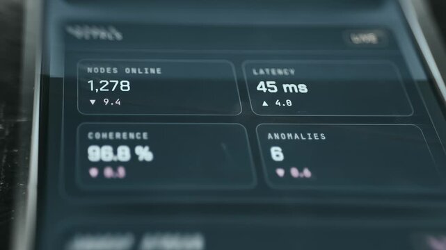 System performance metrics including network coherence, node count, and latency