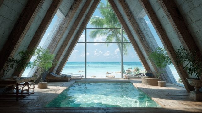 Interior view of a contemporary vacation dwelling with an indoor pool opening to a tropical ocean view