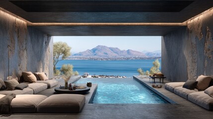 Fototapeta premium Luxurious modern cave-like lounge area opens onto an infinity pool overlooking a vast blue seascape and distant mountains