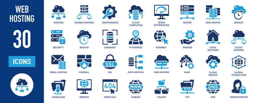 Web hosting and cloud computing server icon set. 30 database storage, shared hosting, and network administration symbols. Blue flat vector signs