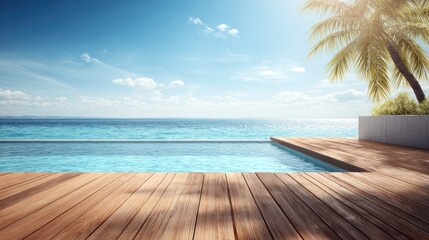 Fototapeta premium Luxury infinity pool overlooks bright blue ocean water beside wooden decking and a palm tree