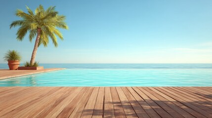 Fototapeta premium Wooden deck stretches out to an infinity edge swimming pool overlooking vast blue ocean under clear sky