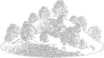 Fototapeta premium Overgrown hill with numerous stylized trees and dense foliage, artistic line drawing creating a landscape scene on grey checkered background.