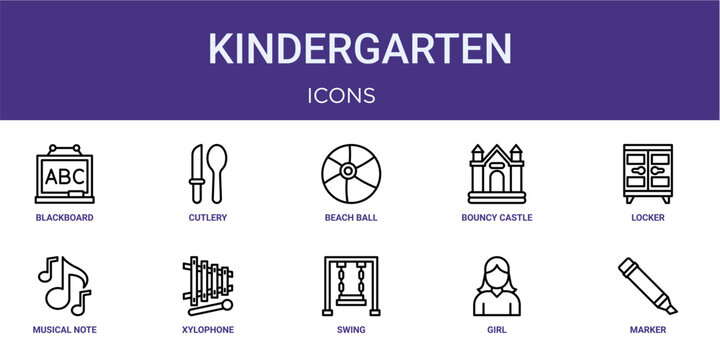 Set of 10 thin line Kindergarten icons for dashboards, websites and mobile app layouts. Editable outline vector pack featuring blackboard, beach ball, locker, xylophone and marker.