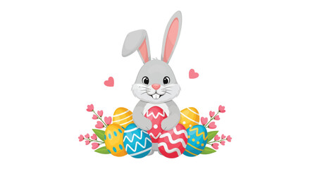 Gray rabbit with decorated easter eggs and hearts a colorful vector silhouette bunny hare leporidae mammal animal painted spring holiday © Creativekhairul02
