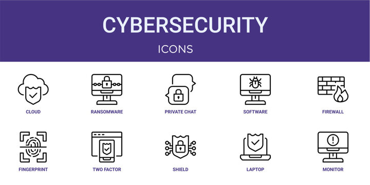 Set of 10 thin line Cybersecurity icons for dashboards, websites and mobile app layouts. Editable outline vector pack featuring cloud, private chat, firewall, two factor authentication and monitor.
