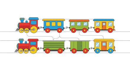 Colorful cartoon train cars in a row simplified vector illustration with a flat silhouette locomotive engine railroad transportation vehicle design © Creativekhairul02
