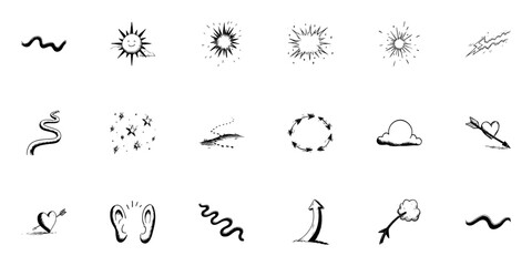 Obraz premium Diverse Doodle Sketch Set. Nature, Emotions, And Abstract Concepts In Hand Drawn Style Collection. Includes Sun, Stars, Arrows, And Clouds. Isolated Vector Illustration