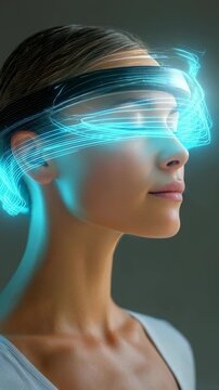 Futuristic woman wearing advanced augmented reality headset with glowing blue holographic interface. She stands confidently, embodying innovation and next generation technology trends