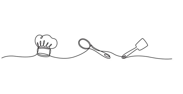 a chef's hat, a wooden spoon, and a spatula animation continuous one line drawing, Video. Ladle, cooking spatula and chef's cap in one solid line. Single line editable cutlery template for business on