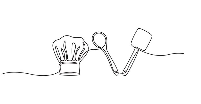 a chef's hat, a wooden spoon, and a spatula animation continuous one line drawing, Video. Ladle, cooking spatula and chef's cap in one solid line. Single line editable cutlery template for business on