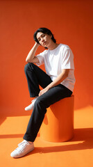 Naklejka premium White T Shirt Streetwear Mockup on Orange Monochrome Stool Set