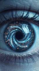 Fototapeta premium Macro view of human eye with digital data swirl in pupil. Futuristic technology and artificial intelligence concept.