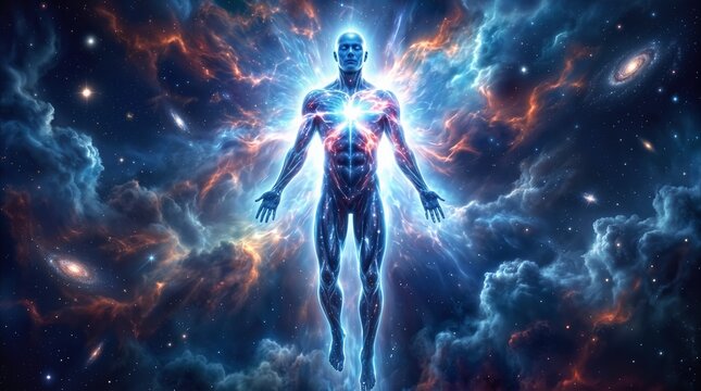 Universal entity floating in deep space among nebulae and stars. Glowing humanoid figure with energy core radiating light in cosmic environment.