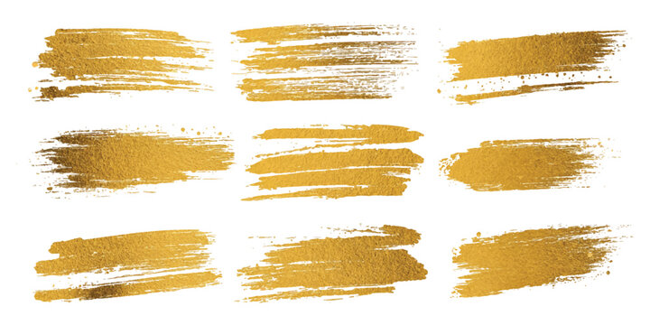 Gold foil brush strokes set with metallic paint smears and glitter texture streaks vector graphic illustration.