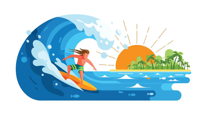 Surfer riding a breaking wave with tropical island and sun flat vector illustration silhouette surfing ocean sea water palm beach